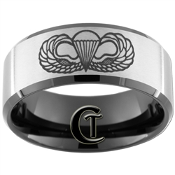 10mm Black Beveled Satin Finish Tungsten Carbide Army Airborne Design.