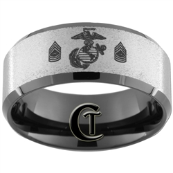 10mm Black Beveled Stone Finish Tungsten Carbide Marines Master Sergeant Design Ring.