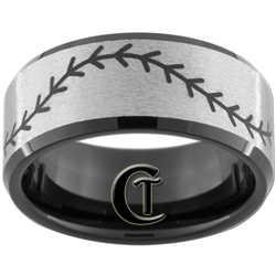 10mm Black Beveled Tungsten Carbide Stone Center Baseball Stich Design