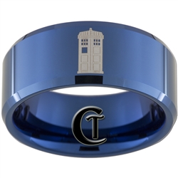 10mm Blue Beveled Tungsten Carbide Doctor Who Tardis and Quote Design