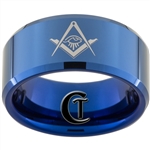 10mm Blue Beveled Tungsten Carbide White Lasered Masonic & Greek Design