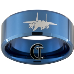 10mm Blue Beveled Tungsten Carbide Air Force Jet Fighter Design Ring.