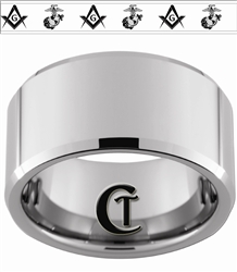 12mm Beveled Tungsten Alternating Masonic Square & Compass and Marines Eagle Globe & Anchor Design Ring