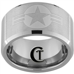 12mm Tungsten Carbide Beveled Satin Finish Navy Aviator and Air Force Star Roundel Symbols Ring.