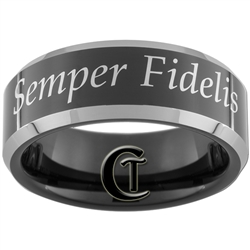 8mm Black Beveled Two-Toned Tungsten Marines Eagle, Globe and Anchor Semper Fidelis Designed Ring