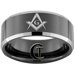 10mm Black Beveled Two-Toned Tungsten Carbide Masonic Square and Compass Design