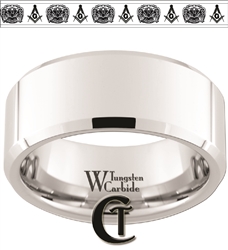 10mm Beveled White Tungsten Carbide Masonic Design Ring
