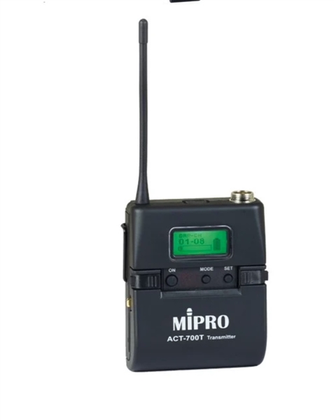 Mipro ACT-700T  5NU 72 MHz bodypack transmitter with LCD display, metal case, includes MU55LX omni condenser lavalier mic and USB Type C charging cable