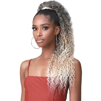 Glamourtress, wigs, weaves, braids, half wigs, full cap, hair, lace front, hair extension, nicki minaj style, Brazilian hair, crochet, hairdo, wig tape, remy hair, Lace Front Wigs, Bobbi Boss Human Hair Blend Tress Up Ponytail - MOD023 WATER WAVE 28