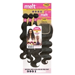 Glamourtress, wigs, weaves, braids, half wigs, full cap, hair, lace front, hair extension, nicki minaj style, Brazilian hair, Janet Collection Melt 100% Natural Virgin Human Hair - NATURAL BODY 3PCS ( 12",14",16" ) + 4x5 HD FREE PART