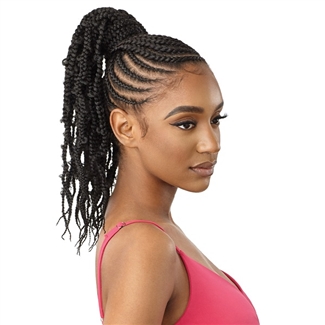 Glamourtress, wigs, weaves, braids, half wigs, full cap, hair, lace front, hair extension, nicki minaj style, Brazilian hair, crochet, hairdo, wig tape, remy hair, Outre Synthetic Hair Pretty Quick Wrap Around Pony - BUTTERFLY JUNGLE WAVY BOX BRAID 16