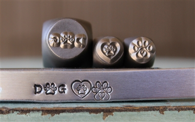 A Supply Guy Design - 3mm Tall and (2) 6mm Dog Paw Heart and Dog Word Metal Design 3 Stamp Set - SGCH-398399404