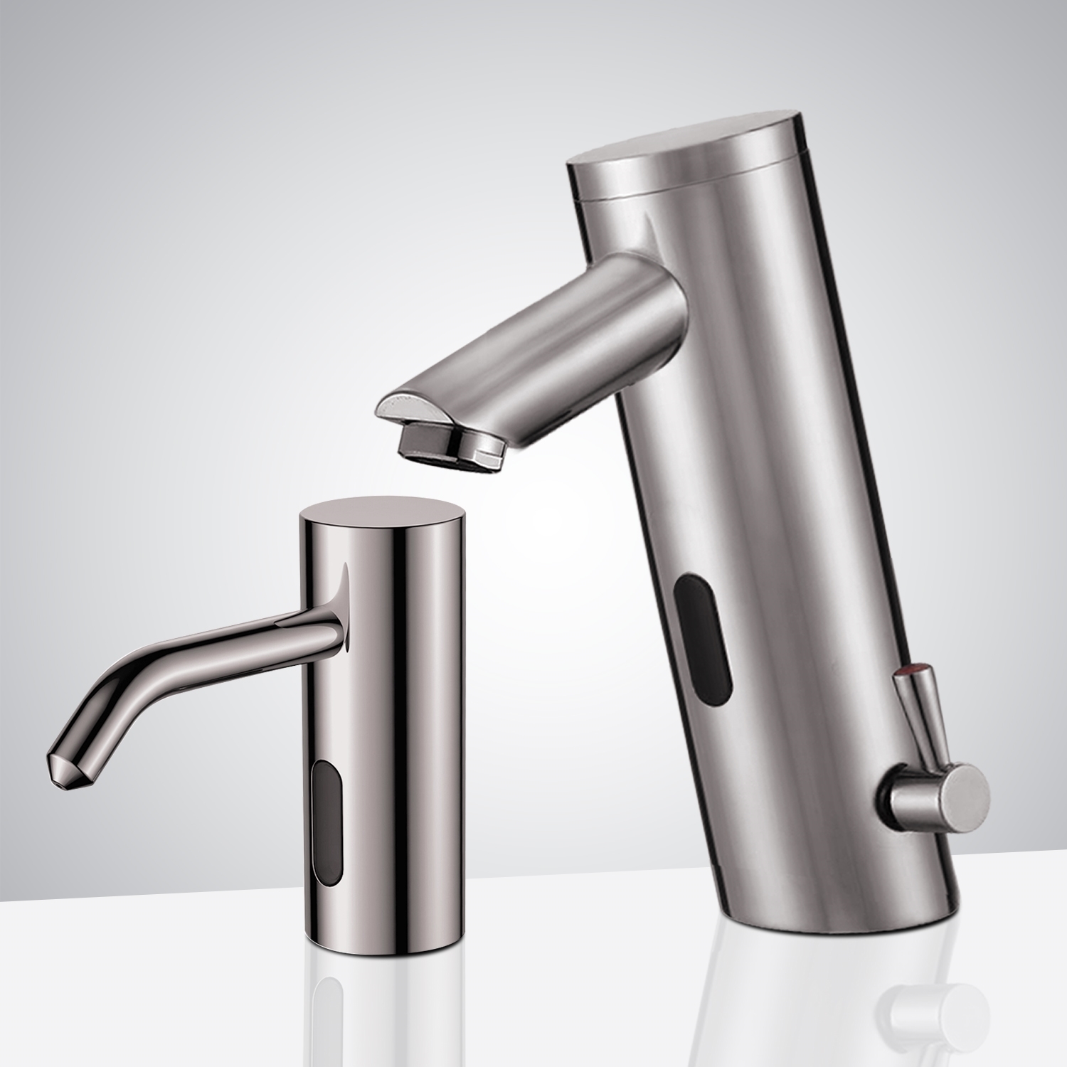 Fontana Platinum Brushed Nickel Commercial Automatic Temperature Control Thermostatic Sensor Tap with Matching Soap Dispenser