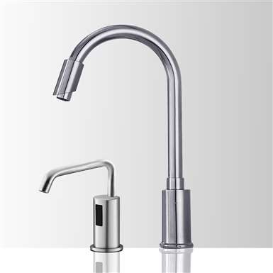 Fontana Marseille Gooseneck Chrome Finish Motion Sensor Faucet & Touchless Automatic Soap Dispenser for Restrooms