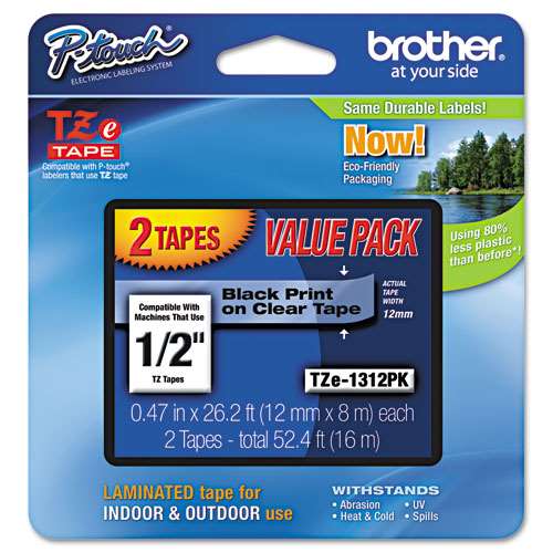 Brother TZE1312PK 1/2 12MM Black On Clear Tapes