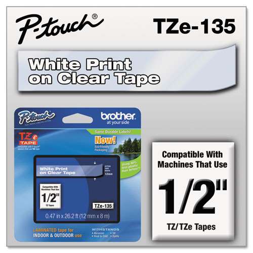 Brother TZE135 1/2 TZE 12MM White On Clear Tape