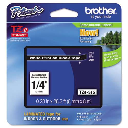 Brother TZE315 1/4 TZE 6MM White On Black Tape