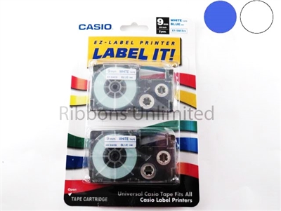Casio 9mm 3/8 Blue print on White Tape 2PK