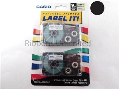 Casio 9mm 3/8 Black print on Clear Tape 2PK