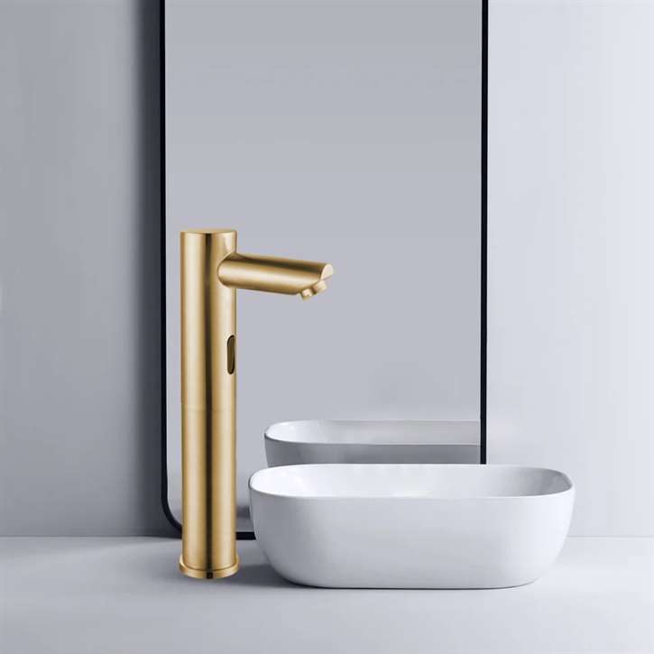 Fontana Vessel Sink and Brushed Gold Tall Touchless Motion Sensor Faucet