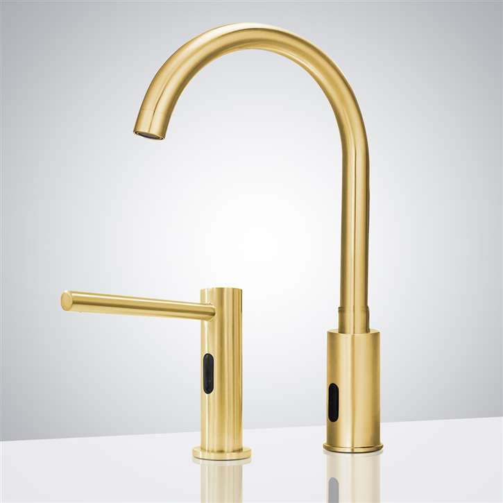 Fontana Brushed Gold Gooseneck Automatic Sensor Faucet & Commercial Motion Sensor Soap Dispenser for Restrooms