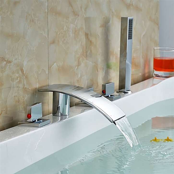 Abruzzo Chrome Finished Waterfall Spout Bathtub Mixer Faucet Deck Mount Roman Tub Filler