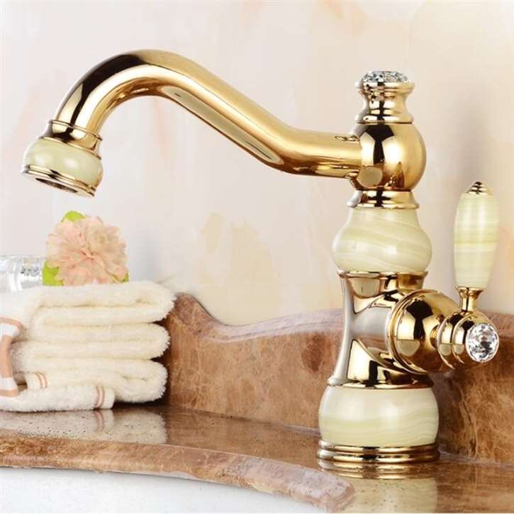 Anzio Brass and Jade Deck Mounted Gold Bathroom Sink Faucet