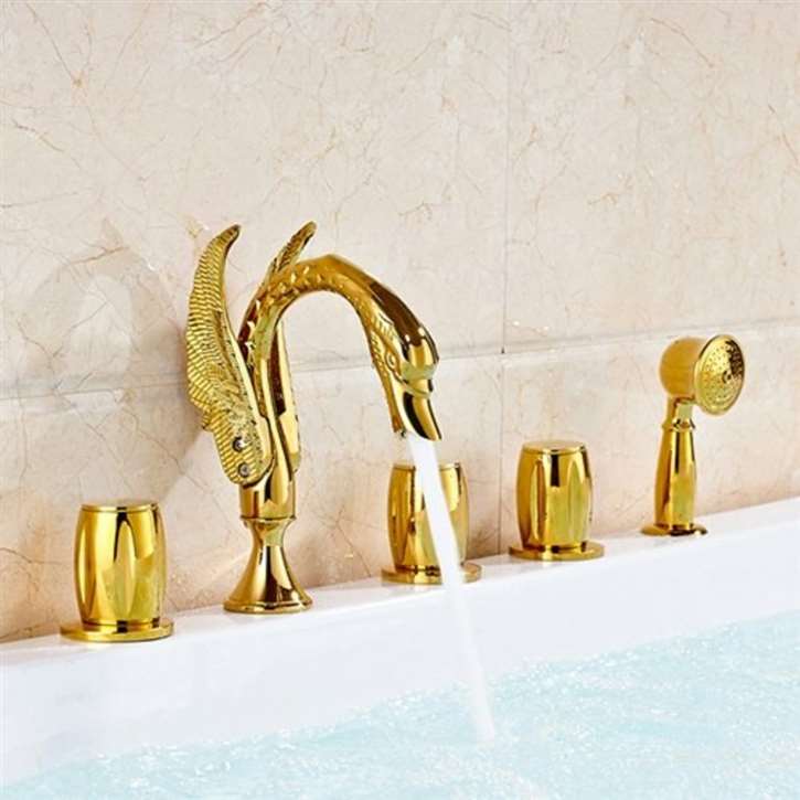 Amalfi Gold Finished Five Holes Bathroom Tub Faucet With Handheld Shower