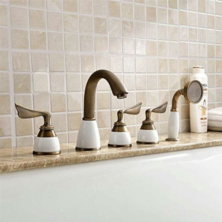Luna-eLITE Triple Handle Antique Brass Bathtub Faucet With Hand Shower