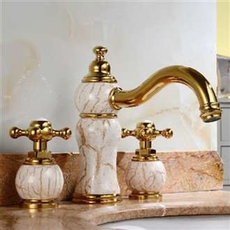 Leo Luxury Natural Jade Gold Finish Dual Handles Mixer Sink Faucet