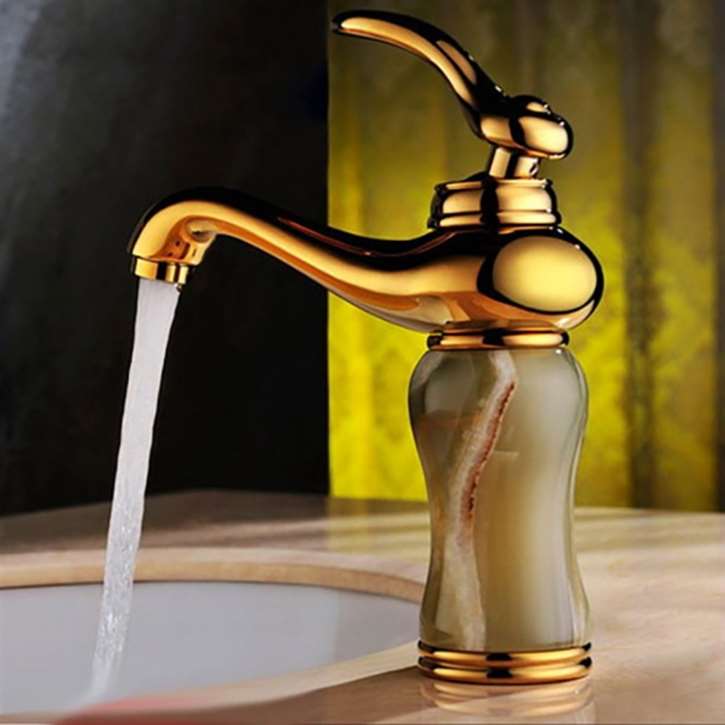 Sicily Luxury Gold Plated Jade Bathroom Vessel Sink Faucet Single Handle Mixer