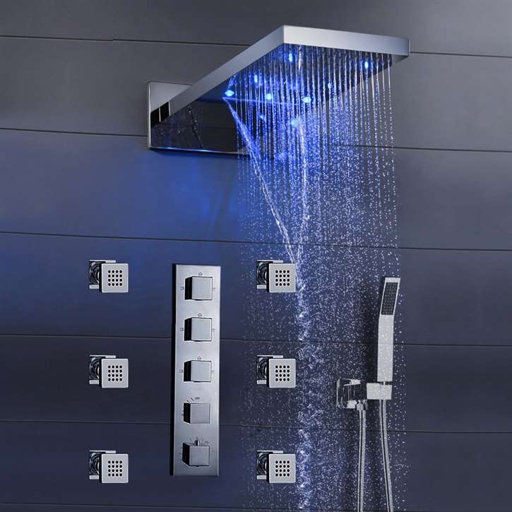 Fontana Mugla 22" LED Thermostatic Waterfall Rain Shower Head with Massage Body Sprays and Hand Shower