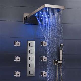 Fontana Mugla 22" Brushed Nickel LED Thermostatic Waterfall Rain Shower Head with Massage Body Sprays and Hand Shower