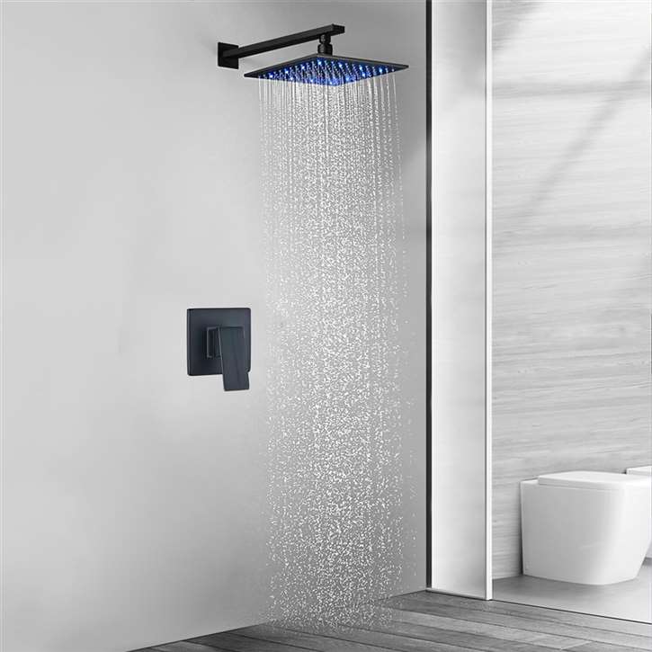 Matte Black 12 Inch Bathroom Rain Shower Faucet Set With LED Color