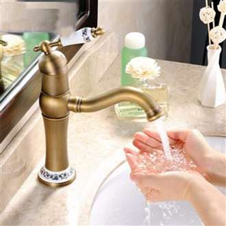 Vanity Sink Deck Mount Antique Brass Faucet Ceramic Handle