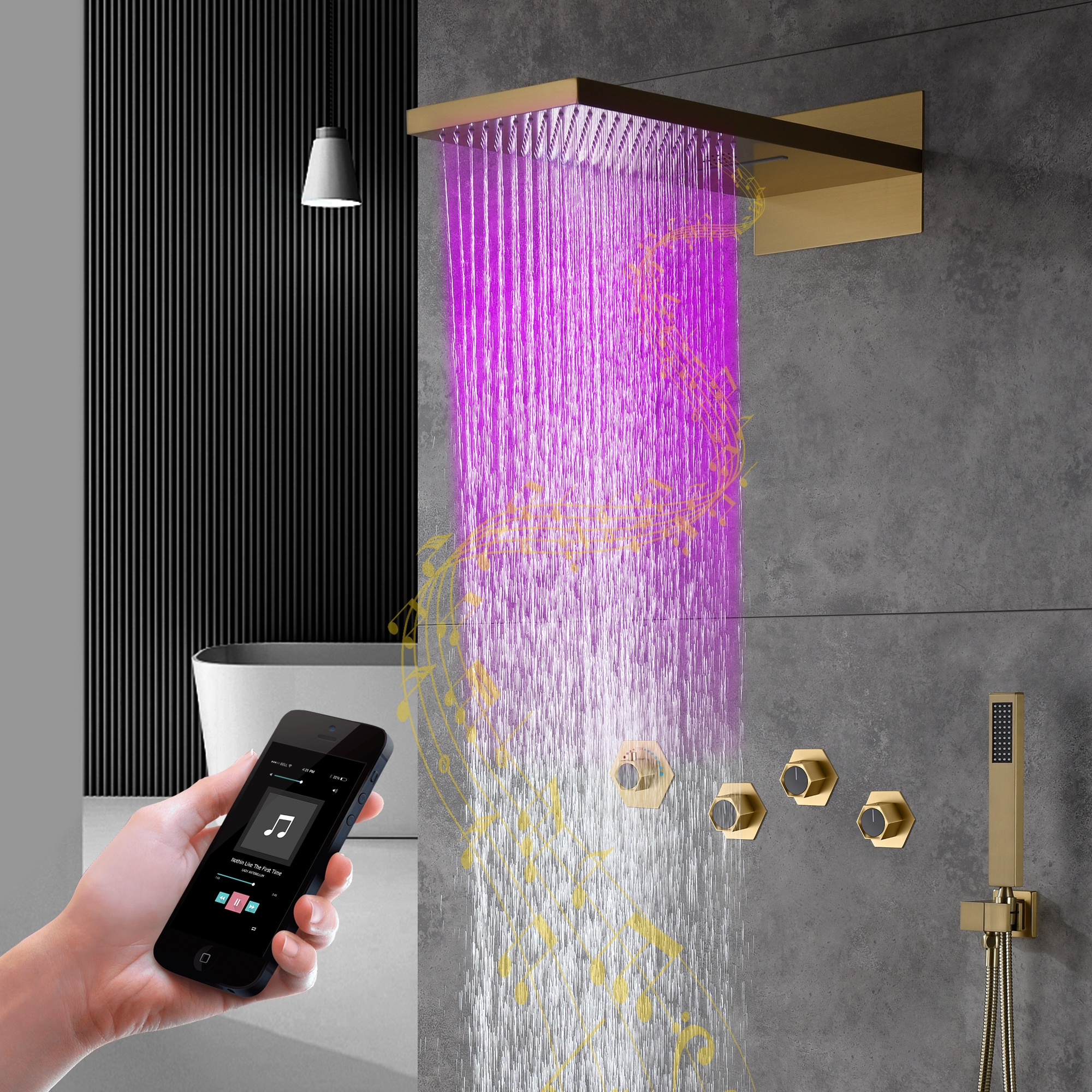 Fontana Brushed Gold Remote Controlled With Thermostatic LED Recessed Ceiling Mount Rainfall And Waterfall Musical Outlet Rain