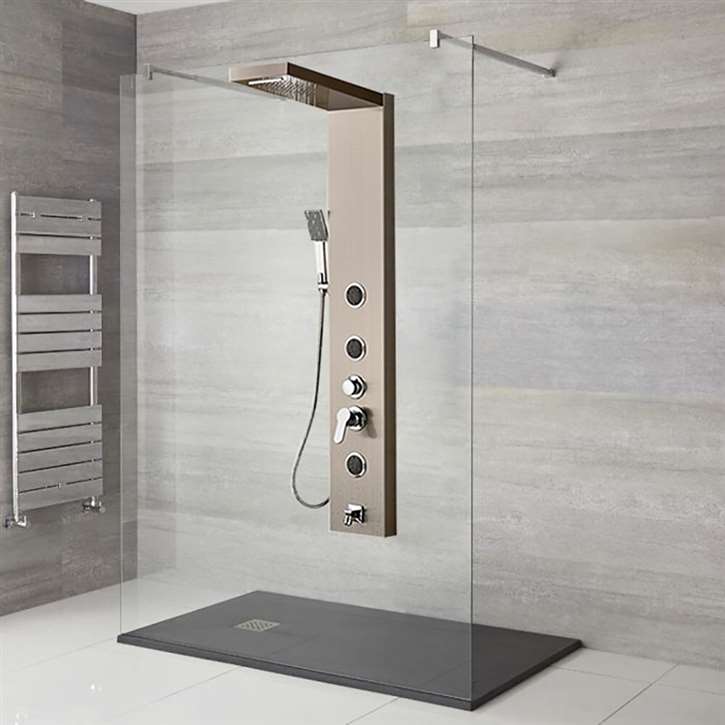 Perroli Luxury Brushed Nickle Shower Panel Set - with Rainfall & Waterfall, Water Spout and Thermostatic Mixer