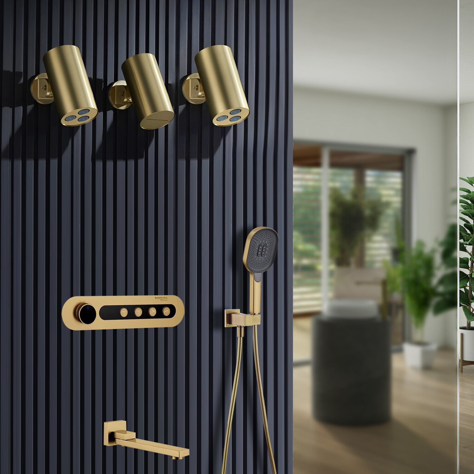 Fontana Cotteridge In Brushed Gold Finish Stainless Steel Thermostatic With Digital Display Copper Bathroom Mixer In Shower Set