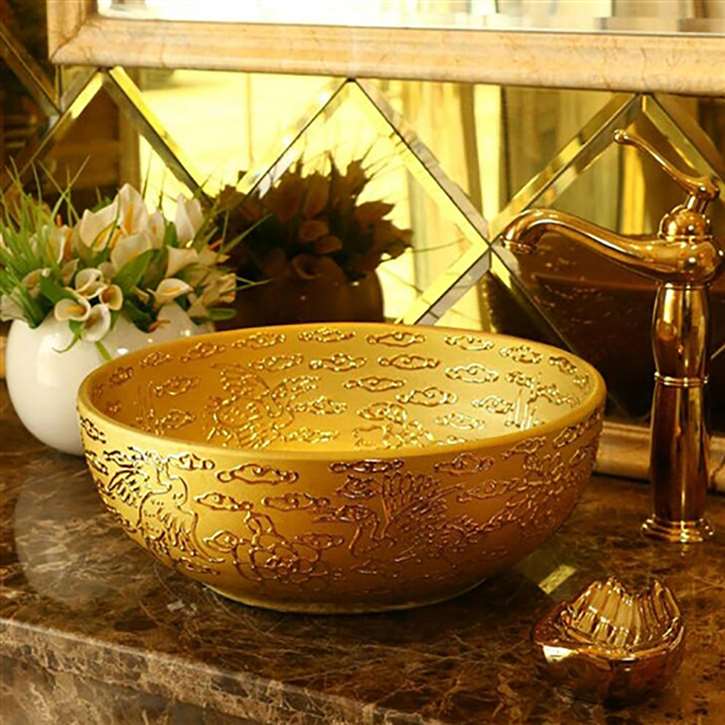 Renalto Golden Porcelain Handpainted Round Wash Sink Coutertop Bathroom Sink