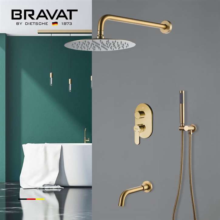 Bravat Wall Mount Brushed Gold Rainfall Mixer Shower Set