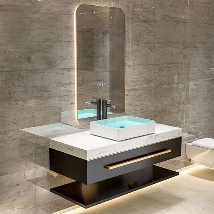 Fontana Black Smart LED Mirror With Sintered Stone Countertop Basin