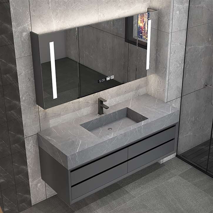Fontana Luxury Wall Mount Floating Bathroom Sintered Stone Countertop Ceramic Basin With LED Mirror Cabinet