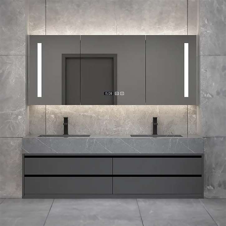 Fontana Double Sink In Sintered Stone Countertop Ceramic Basin With LED Mirror Cabinet And Time Display