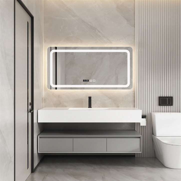 Fontana Green Marble Light Hotel Washroom Slate Basin Countertop Waterproof Oak Wood Vanity With LED Mirror Cabinet