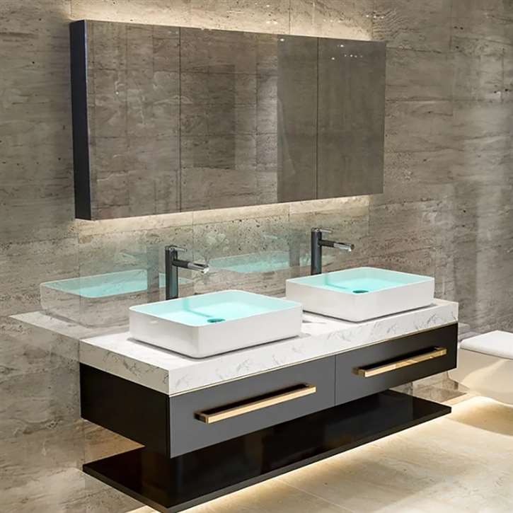 Fontana Double Countertop Sintered Stone Basin Wall Mounted Luxury Bathroom Set With LED Mirror