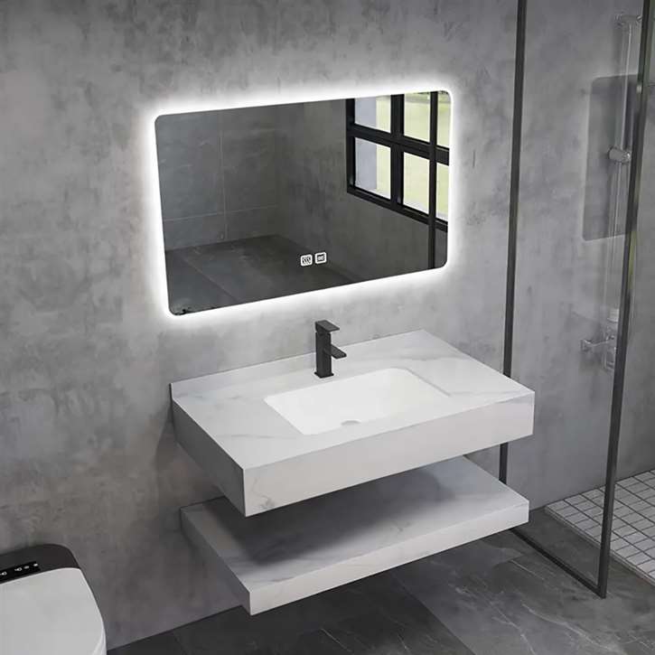 Fontana White Bathroom Vanity With an LED Smart Mirror and Sintered Stone Sink