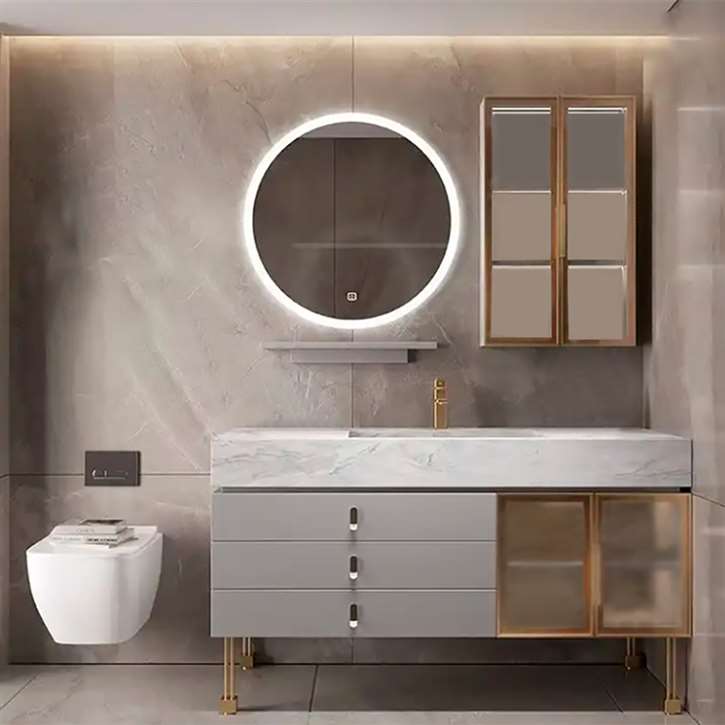 Fontana New Modern Luxury Unit Wood Vanity Sink Bathroom Cabinet With Round LED Smart Mirror