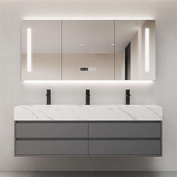 Fontana Double Sink With LED Mirror Cabinet And Time Display In Ceramic Basin With Sintered Stone Countertop Vanity Set