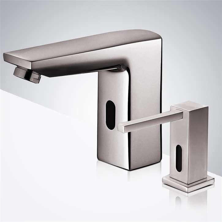 Fontana Commercial Brushed Nickel Automatic Motion Sensor Faucet with Matching Soap Dispenser for Restrooms