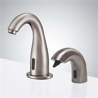 Fontana Plato Automatic Commercial Brushed Nickel Sensor Faucet & Sensor Soap Dispenser for Restrooms